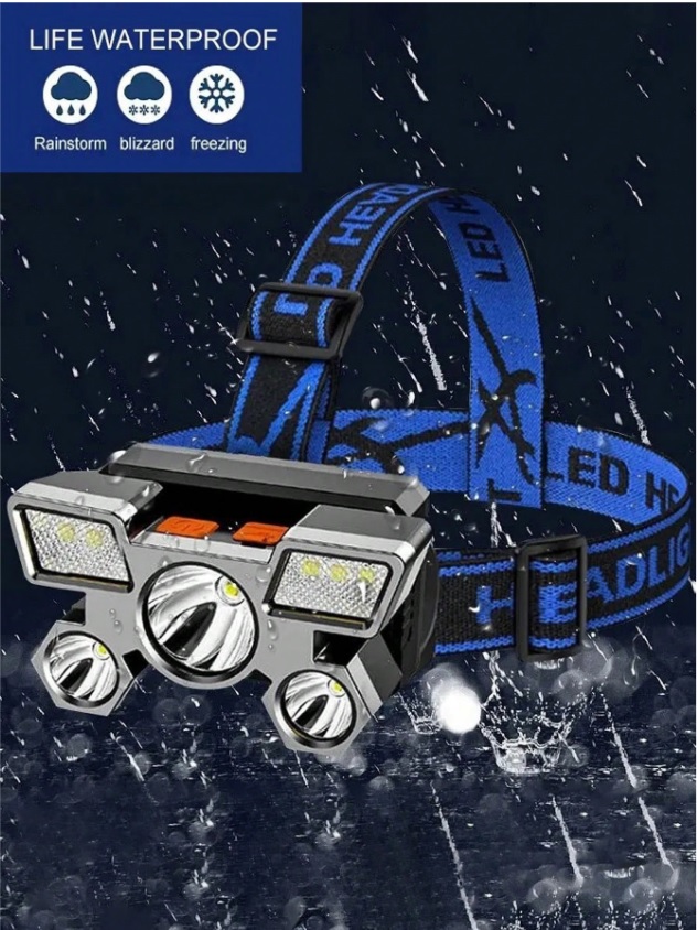 1PC 5 LED Headlamp Rechargeable Strong Light Headlight Camping Adventure Fishing Head Light Flashlight，1PC Waterproof Rechargeable Headlamp With 5 Ultra-Bright LED Lights, 4 Lighting Modes, Built-In 18650 Lithium Battery, Strong Light Flashlight For Fishing, Night Riding, Long-Range Ultra-Bright LED Mining Flashlight For Home Use, Adjustable Head Circumference, Very Suitable Camping, Hiking And Fishing