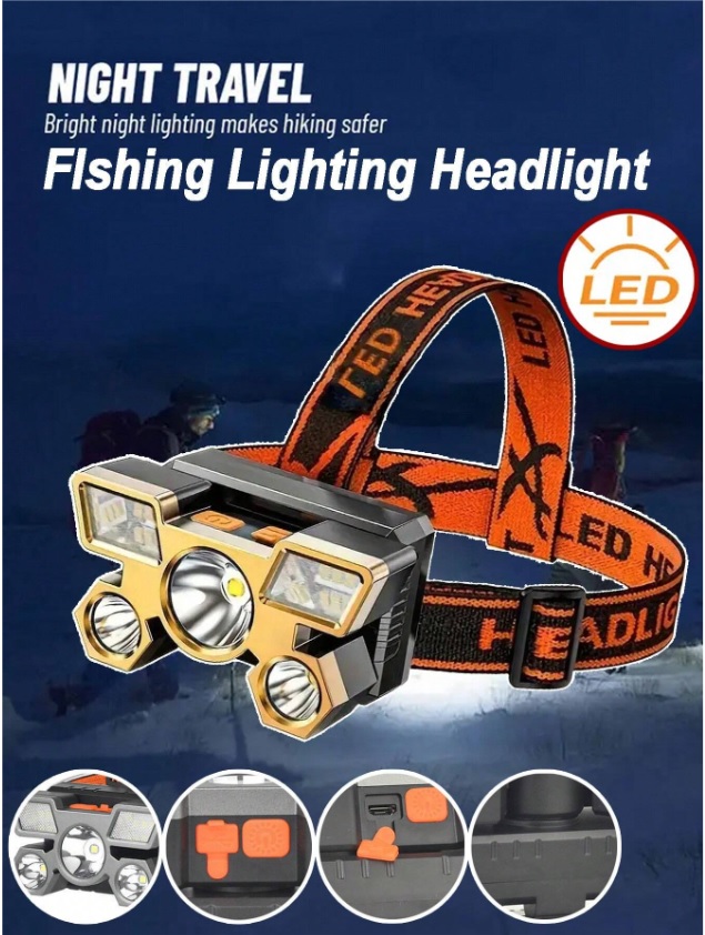 1PC 5 LED Headlamp Rechargeable Strong Light Headlight Camping Adventure Fishing Head Light Flashlight，1PC Waterproof Rechargeable Headlamp With 5 Ultra-Bright LED Lights, 4 Lighting Modes, Built-In 18650 Lithium Battery, Strong Light Flashlight For Fishing, Night Riding, Long-Range Ultra-Bright LED Mining Flashlight For Home Use, Adjustable Head Circumference, Very Suitable Camping, Hiking And Fishing